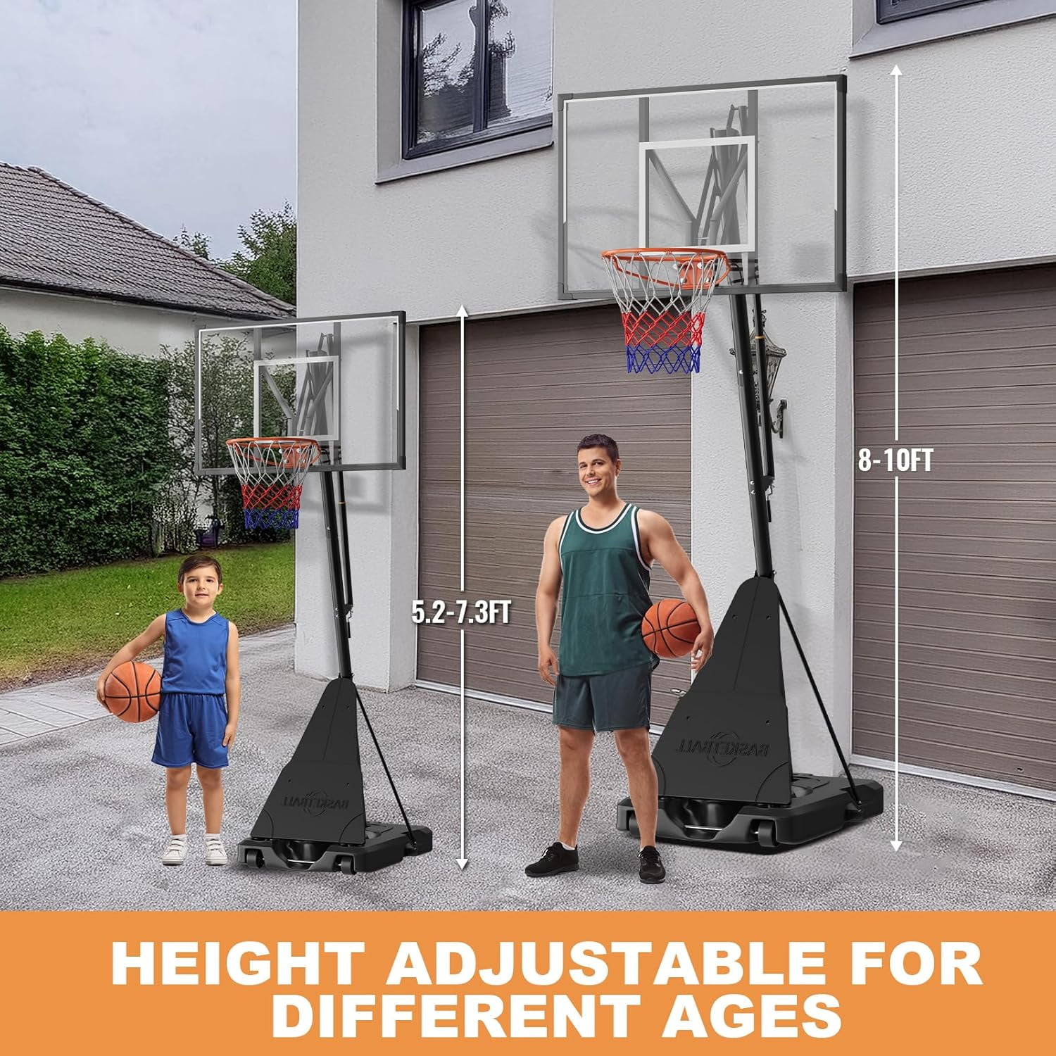Basketball Hoop Outdoor Portable, 5-10ft Quickly Adjustable Basketball Goal System with 44 Inch PC Shatterproof Backboard & Wheels for Court/Backyard/Driveway