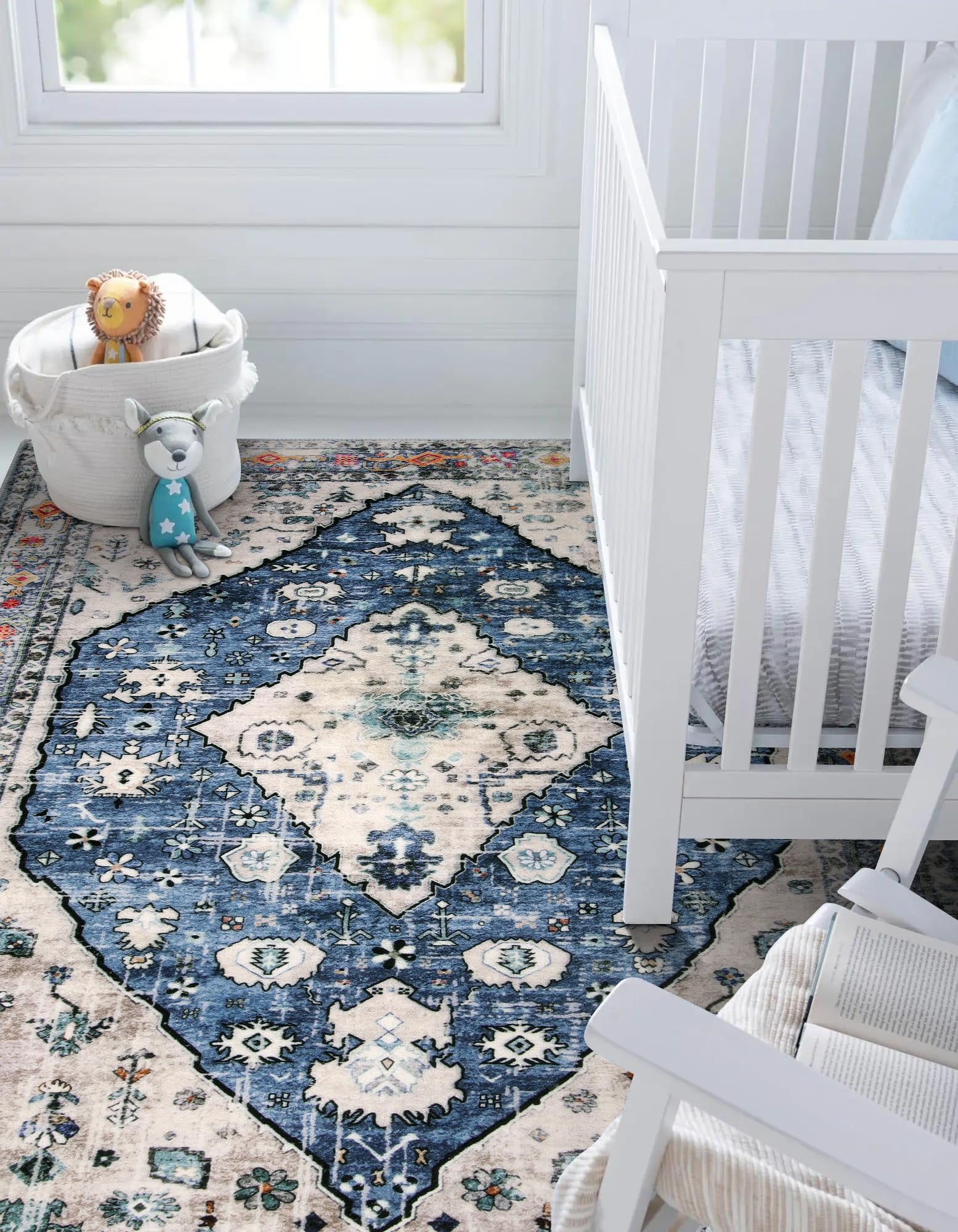 Wonnitar Boho Tribal 5'x7' Area Rug for Living Room, Washable Rug for Bedroom Vintage Coastal Accent Rug for Dinning Room Office Non Ship Low Pile Stain Resistant, Blue