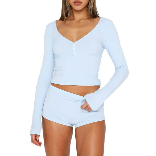 xiaxaixu Women's Summer Ribbed Loungewear Set, Solid Color Long Sleeve V-Neck Button Front Cropped Tops + Shorts 2 Pieces Sleepwear