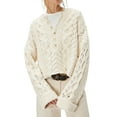 thumbnail image 2 of Female Chunky Cable Crop Sweater Pullover Casual Half Button Flared Long Sleeve Jumper Pullovers Apricot M, 2 of 9