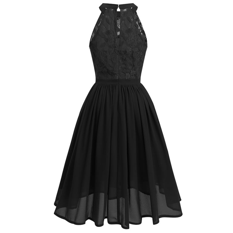 Ibtom Castle Women Vintage Floral Lace Chiffon Sleeveless Pleated Halter Short Bridesmaid Dress A Line Swing Party Cocktail Dress S Black