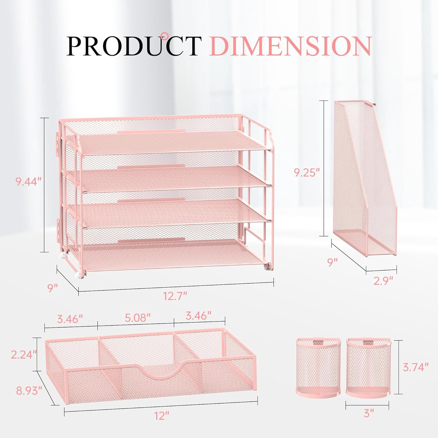 INTIGE 4-Tier Metal Desk Organizer with File Holder, 1 Drawer, 2 Pen Holders, Paper Organizer, Pink