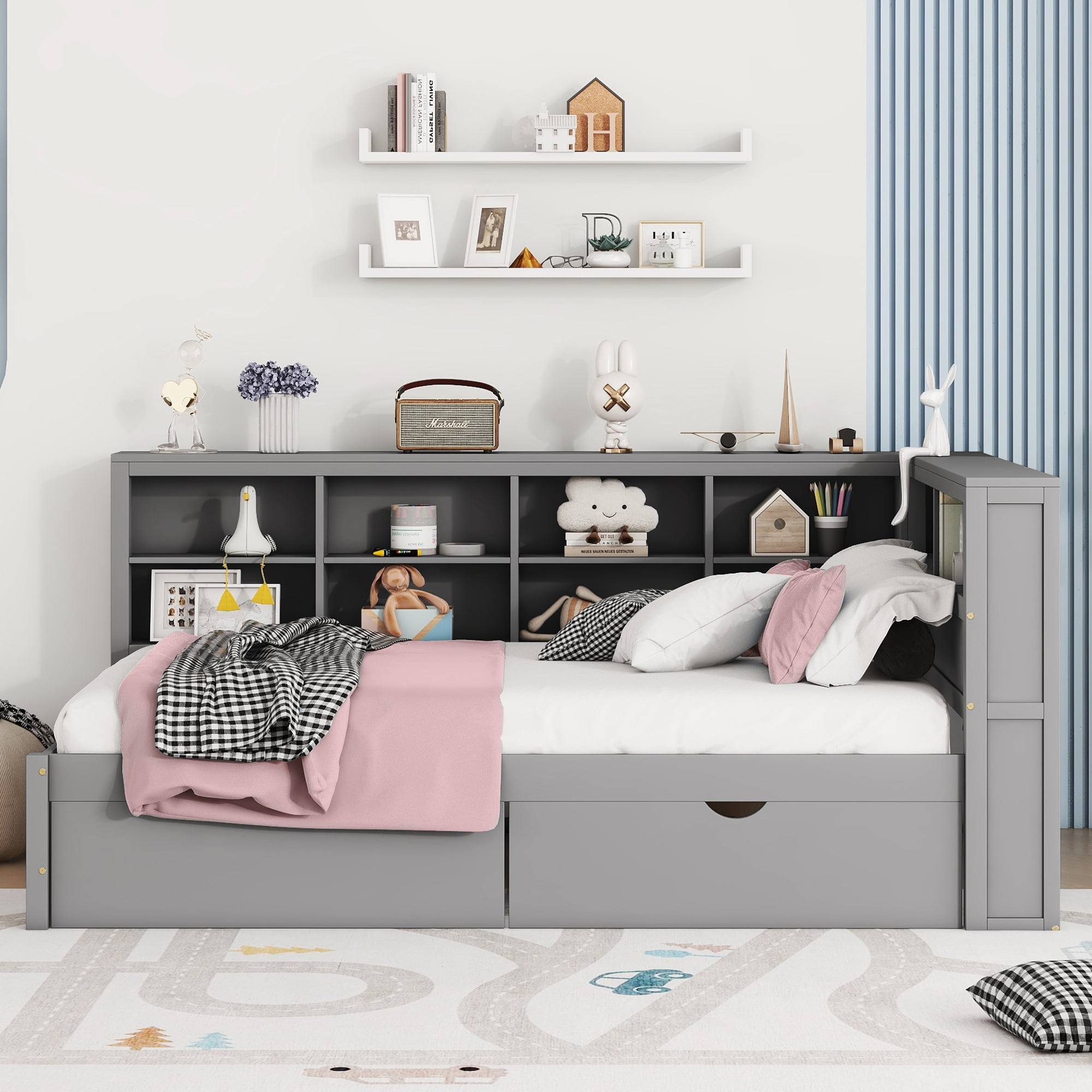 Mintazer Full Daybed with Storage Headboard & Charging Station, 2 Drawers & Shelves, Wood Bed Frame for Kids Bedroom, Grey