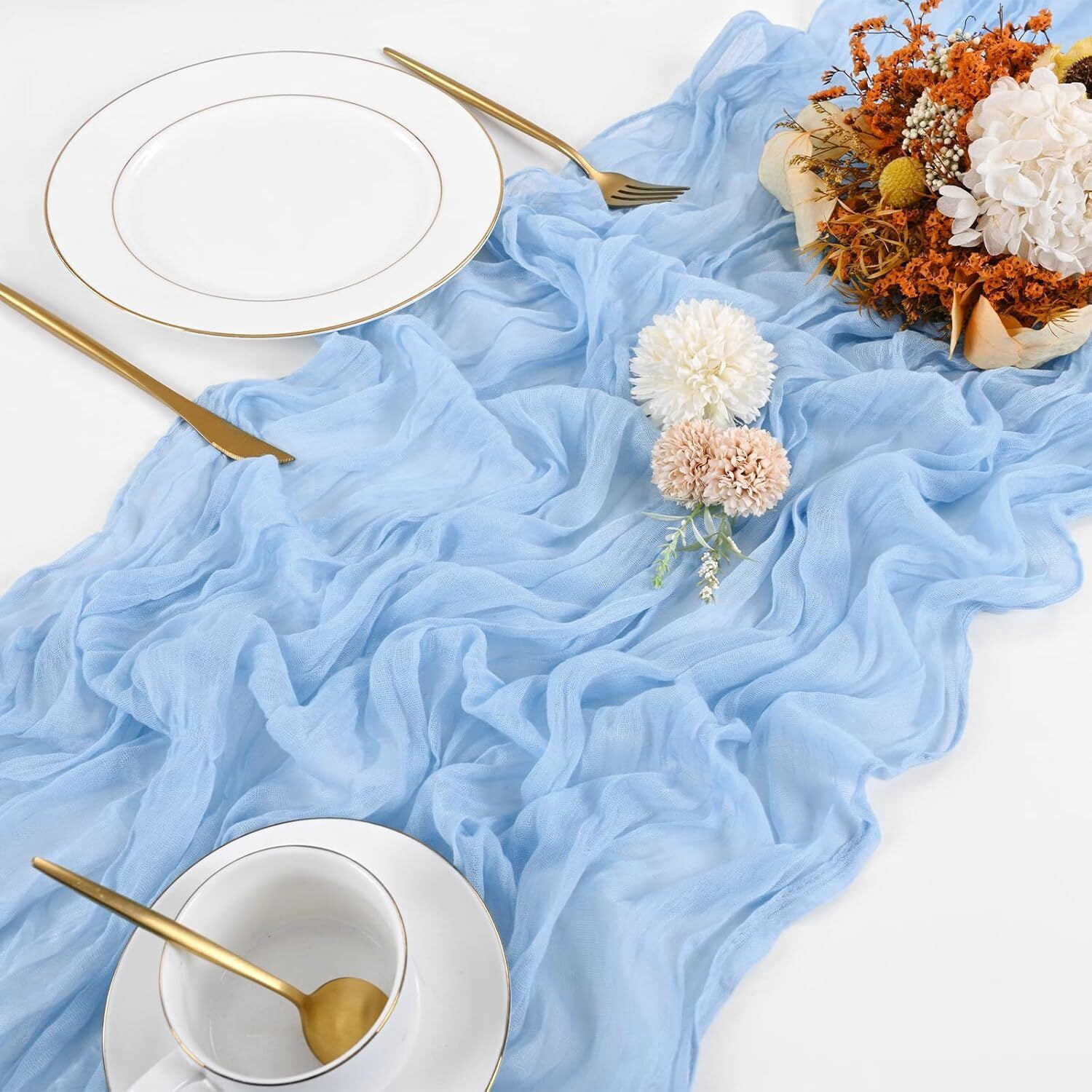 10 Pack Light Blue Cheesecloth Table Runner 17x108 Inch Boho Gauze Cheese Cloth Table Runners for Wedding Party Baby Shower Birthday Home Decor