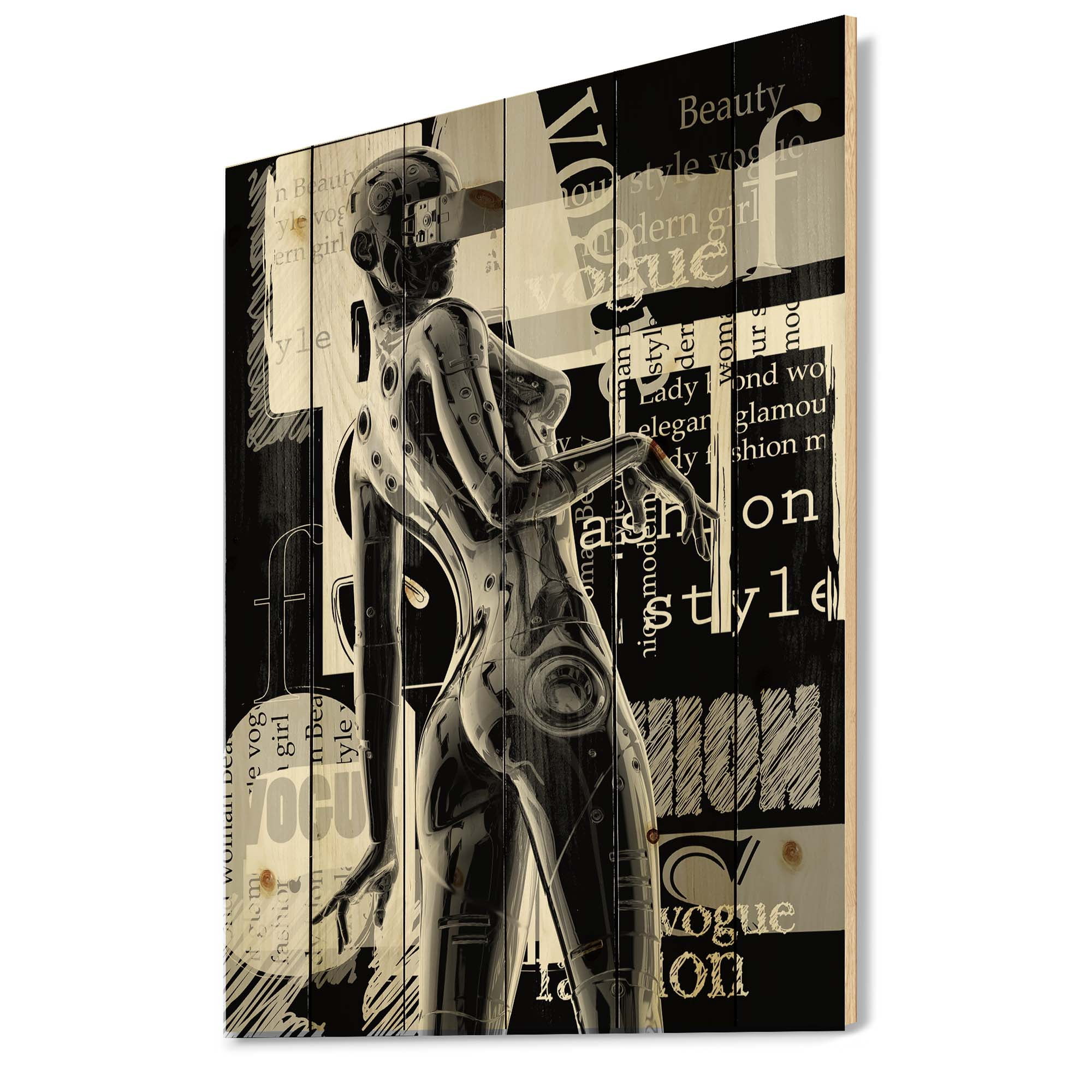 Designart 'Black and White Cyborg Body I' Modern Print on Natural Pine Wood