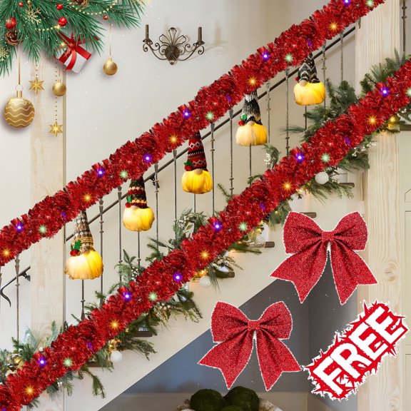 KOYPTL 16.5FT Christmas Tinsel Garland Lighted Metallic Twist Tree Decoration Prelit Battery Operated LED Lights Hanging Garland for Stairs Fireplace Outdoor Home Decor Xmas Decor Indoor(Red)