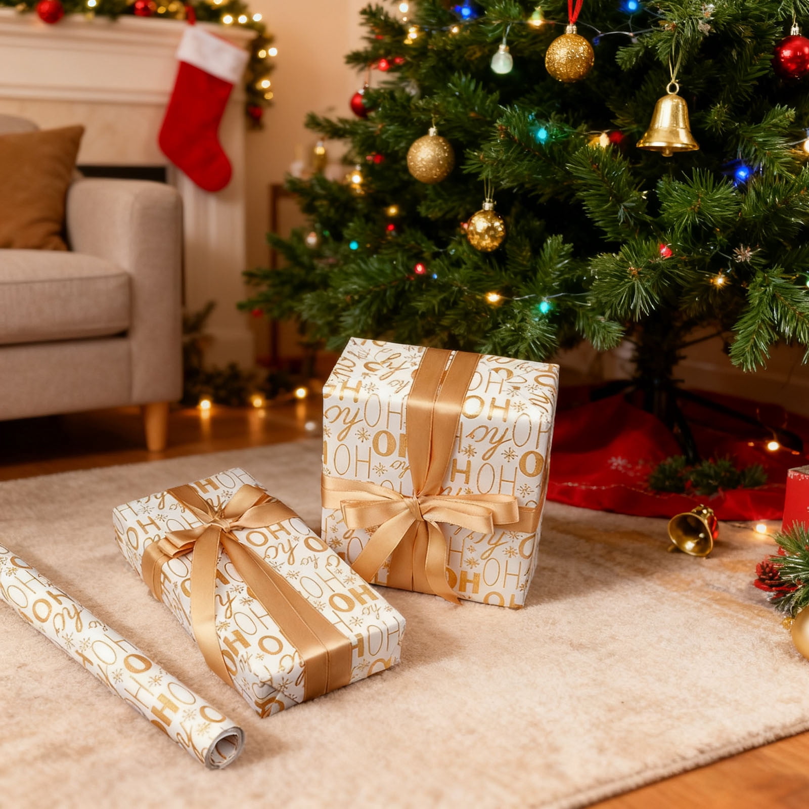 Mouliraty Gold-Foil Christmas Wrapping Paper 118in Roll Thick Gift, for Christmas, Winter Holiday, Party, Celebration, A