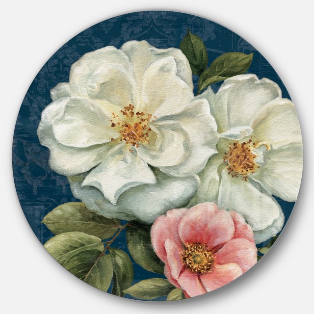 Designart 'fleurs de Damassé Bleu Peint à la Main' Ferme Métal Cercle Art Mural - Disque de 36