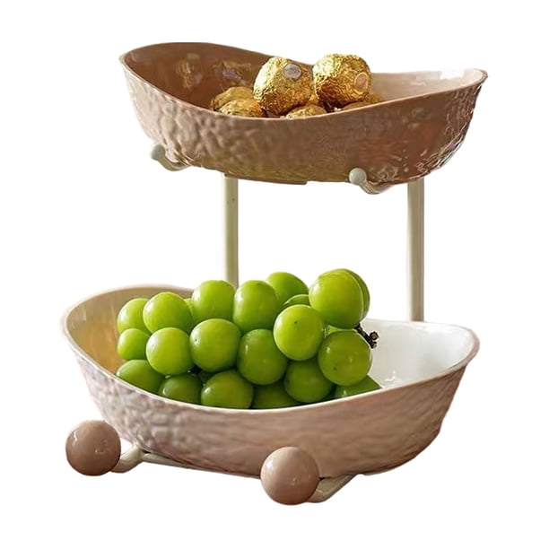 Naiovety Frutero de niveles, cuenco grande de plástico de tres capas para frutas y verduras, Yuanbao Mostrada Color café de 2 rejillas
