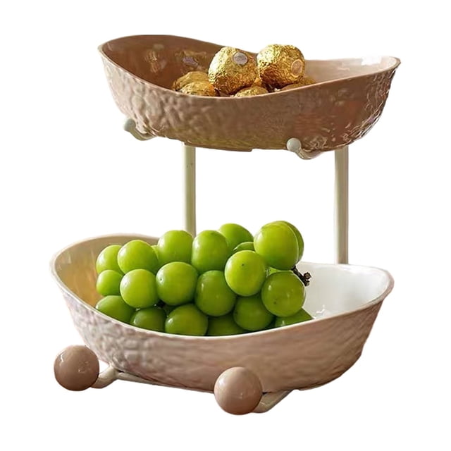 Bewildely Frutero grande de plástico de tres niveles con soporte de hierro para frutas, aperitivos, postres y verduras. Mostrada Color café de 2 rejillas