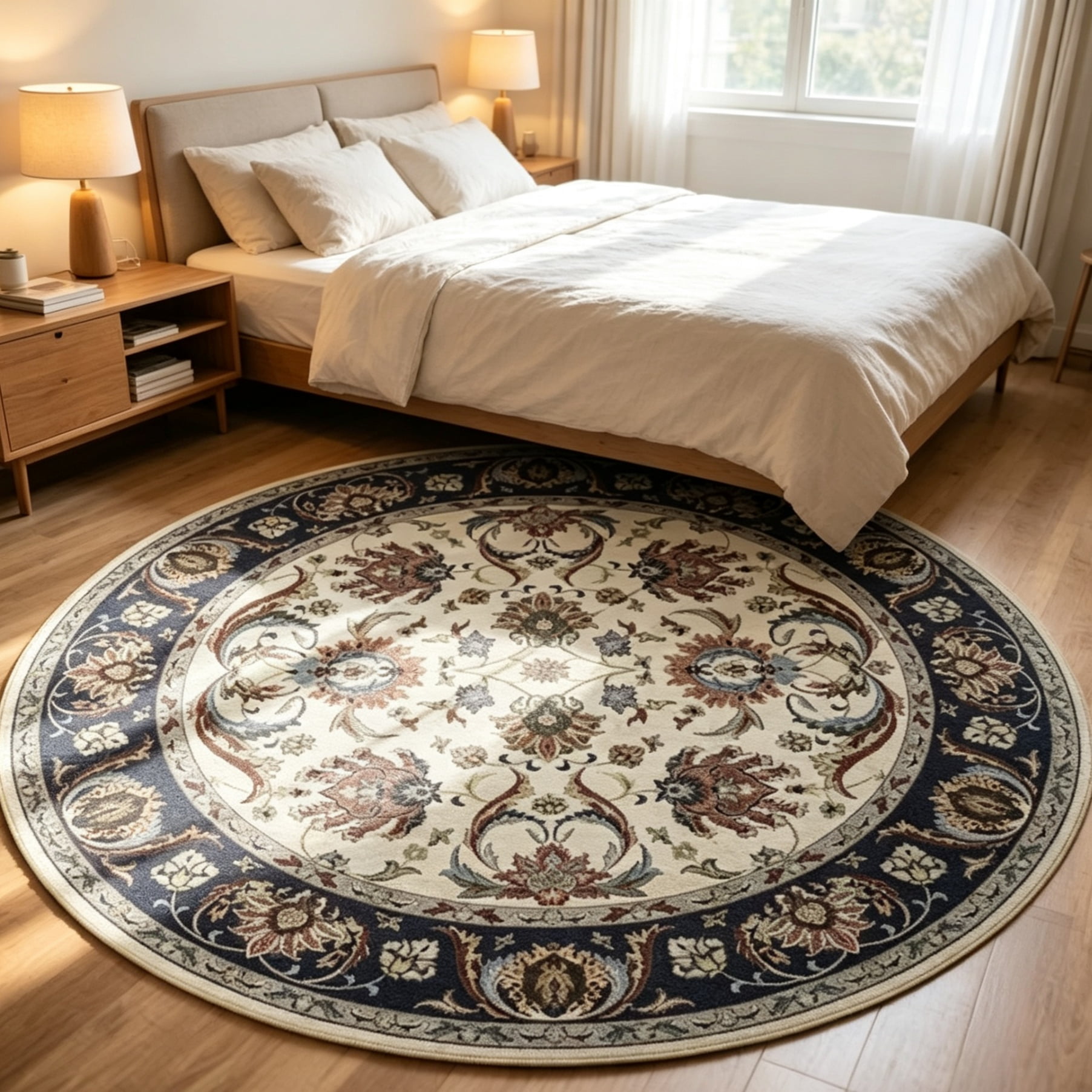 Round Rugs Vintage Print Low Pile Non-Slip Circle Carpet Indoor Area Rug for Living Room Nursery, 5ft, Cyan