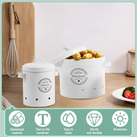 Austok 3Pcs Vegetable Storage Canister with Lid Handle Metal Potato Onion Garlic Storage Bin Rustproof Vegetable Storage Set Kitchen Storage Canisters with Aerating Holes for Home Kitchens