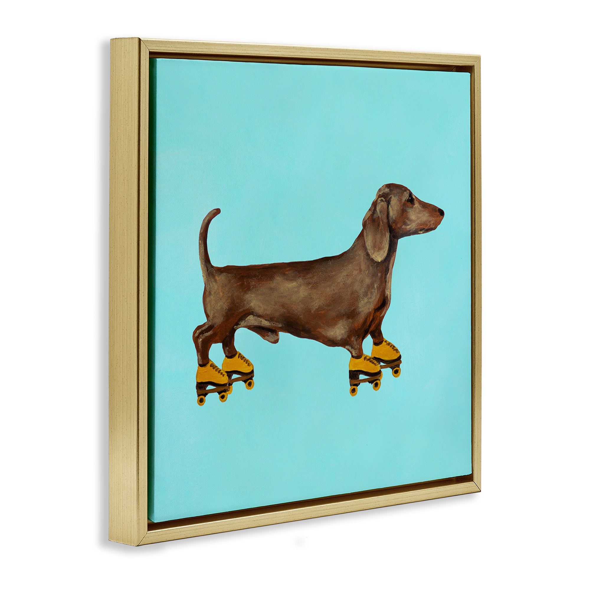 Stupell Industries Funny Dachshund On Roller Skates Animals & Insects Painting Gold Floater Framed Canvas Art Print Wall Art, 25 x 25