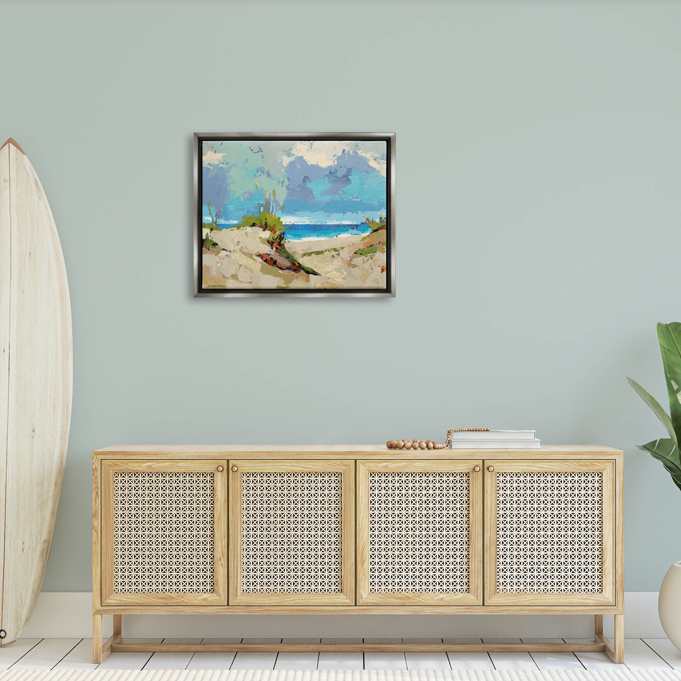 Modern Seaside Beach Scene Landscape Painting Luster Gray Framed Art Print Wall Art