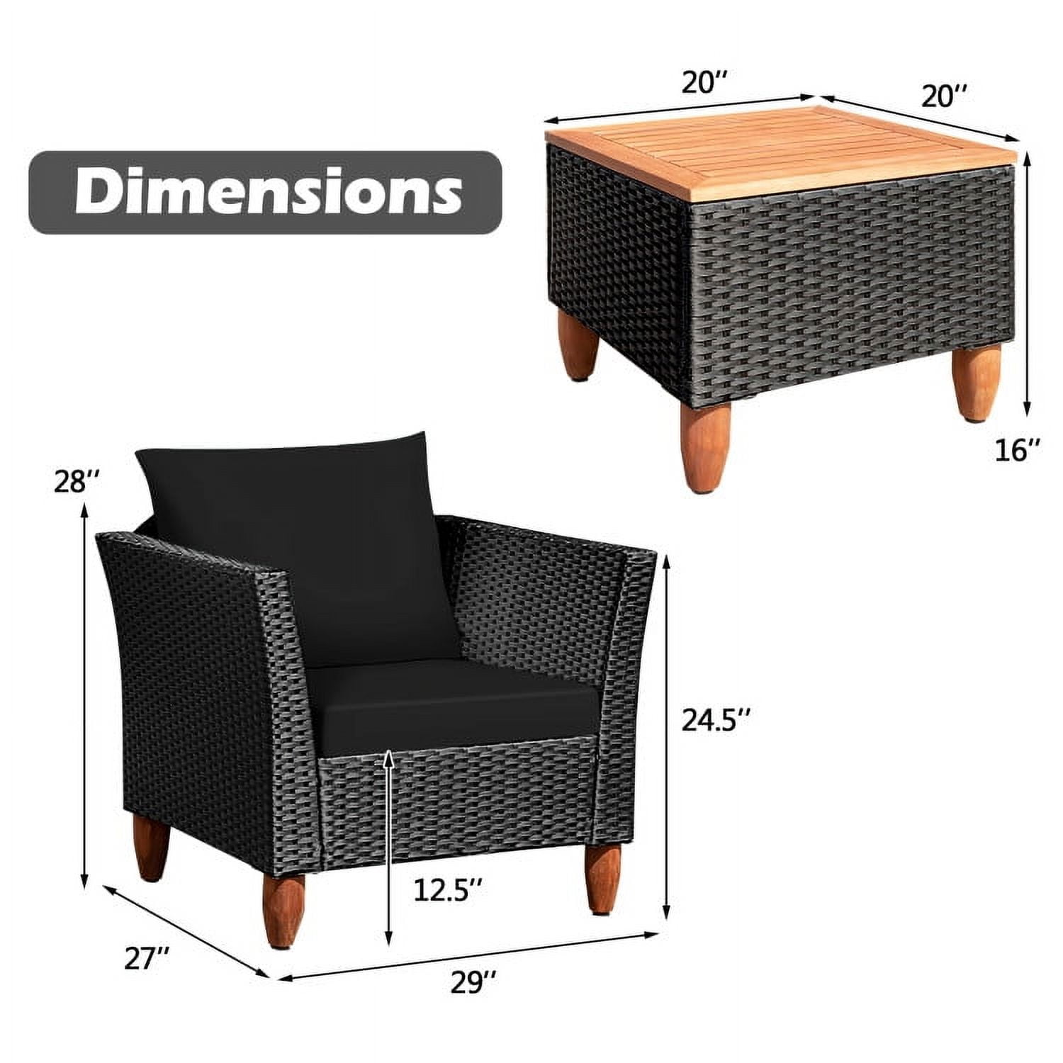 Aimee Lii 3 Pieces Outdoor Patio Rattan Furniture Set with Coffee Table, Modern Patio Furniture, Black
