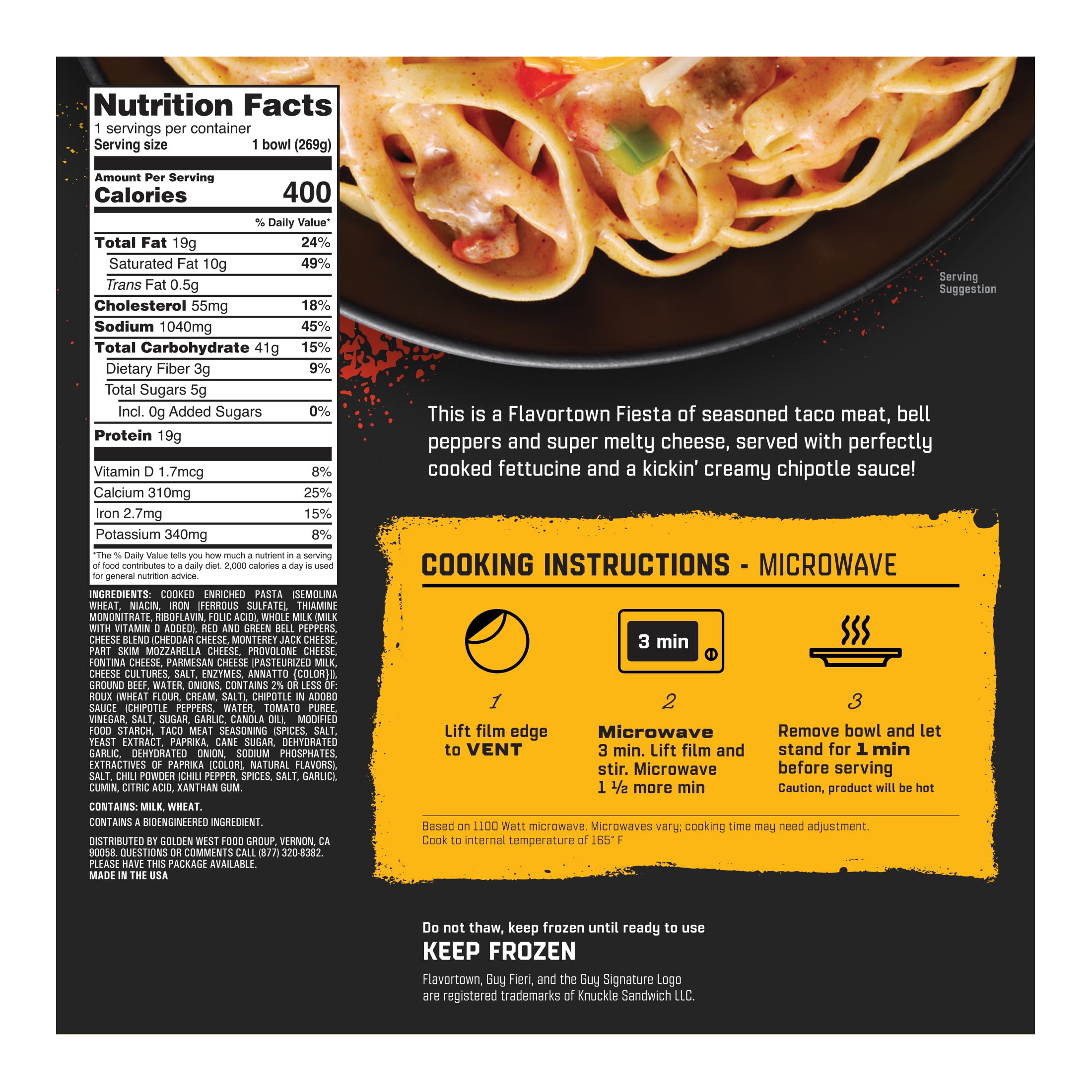Guy Fieri's Flavortown Fiesta Beef Taco Pasta with Bell Peppers and Chipotle Sauce, 9.5 oz (Frozen)