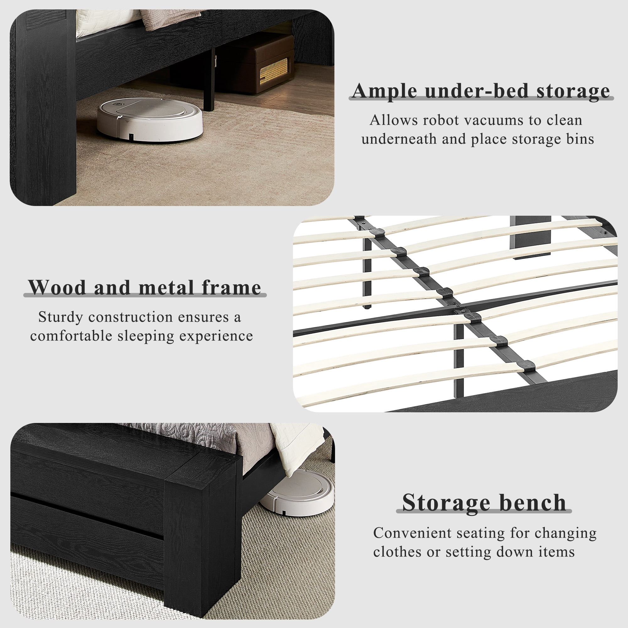 KeyWhat Modern Queen Size Storage Bed Frame with Panel Headboard, Footboard Storage Bench, Built-In Drawers, Lift-Up Compartments, No Box Spring Needed, Black Oak