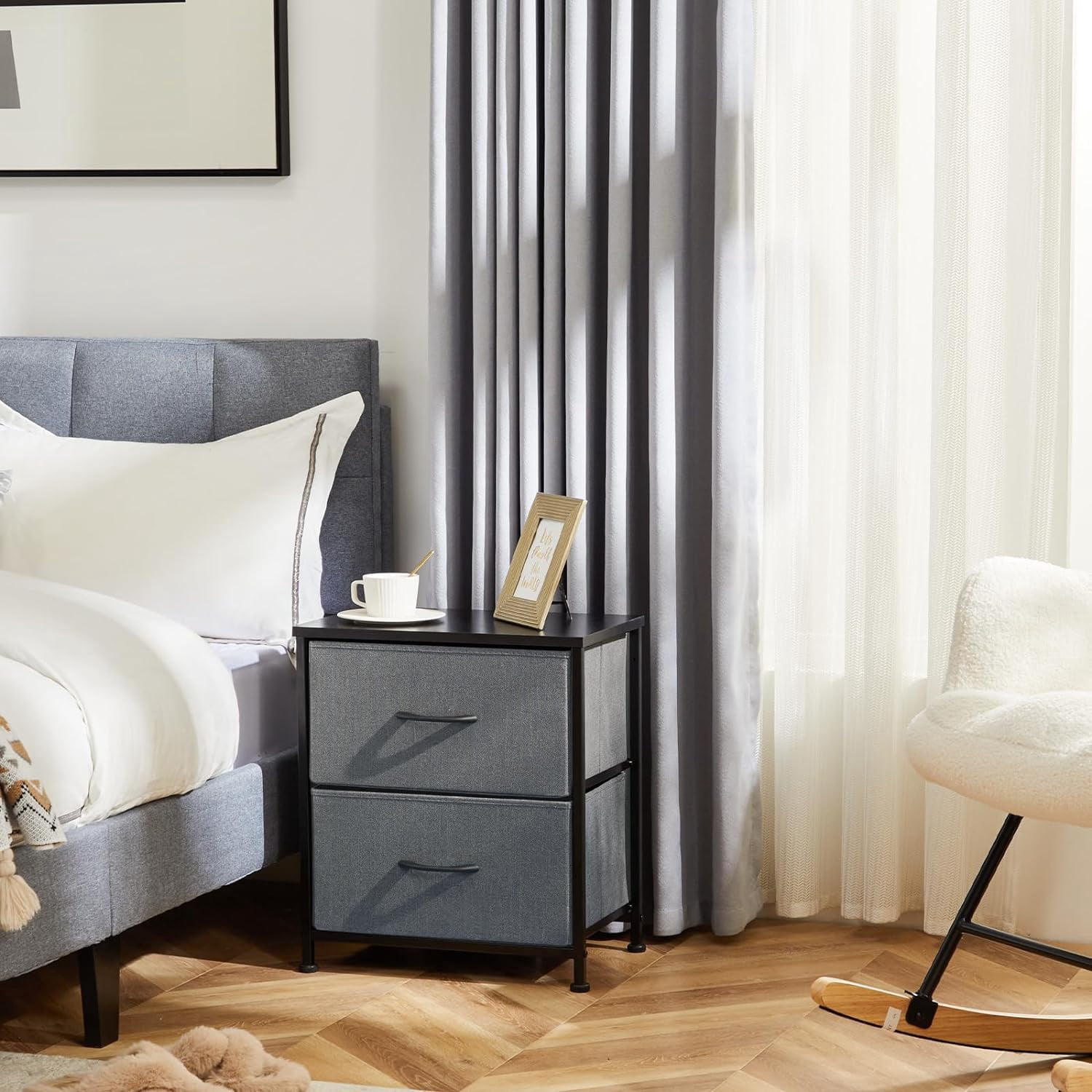 Nightstand Small Dresser with 2 Fabric Drawers Side Tables Bedroom End Table Kids Bedside Storage Furniture for 20 inch Tall Night Stand for Closet, Entryway, College Dorm,Gray(2 Pack)