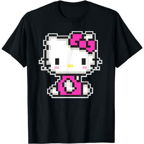 Cute Hello Kitty Pixel Style T-Shirt Kawaii Kitten Tee For Men Women Cat Lover, Black Color, Size S