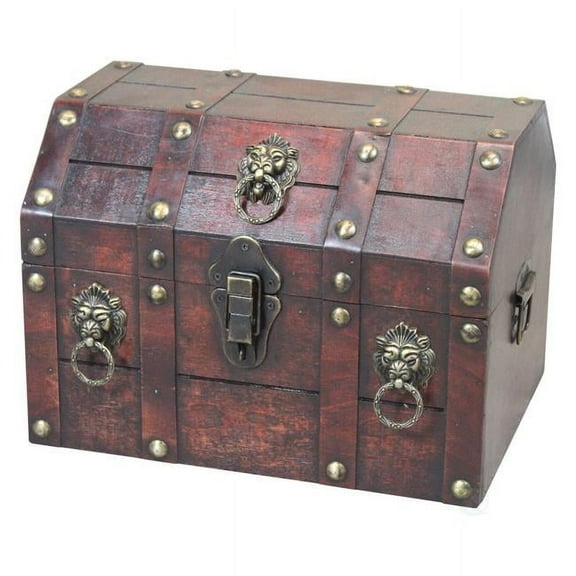 9.25 x 13 x 9.5 in. Antique Wooden Pirate Chest with Lion Rings & Lockable Latch