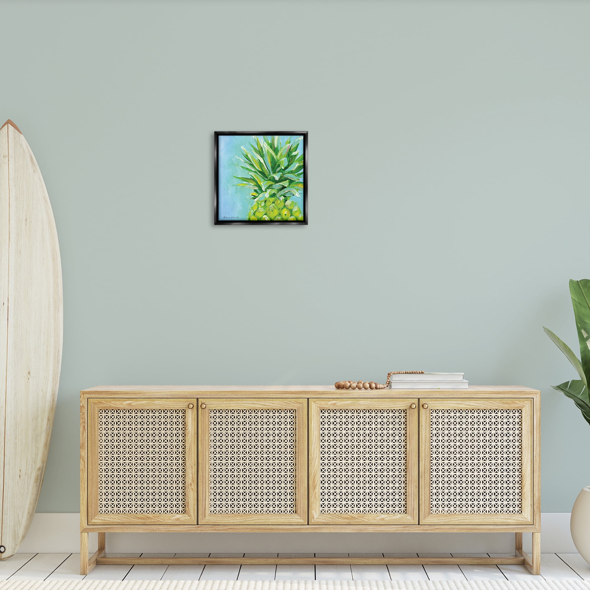 Stupell Industries Tropical Pineapple on Blue Food & Beverage Painting Black Floater Framed Canvas Art Print Wall Art, 18 x 18