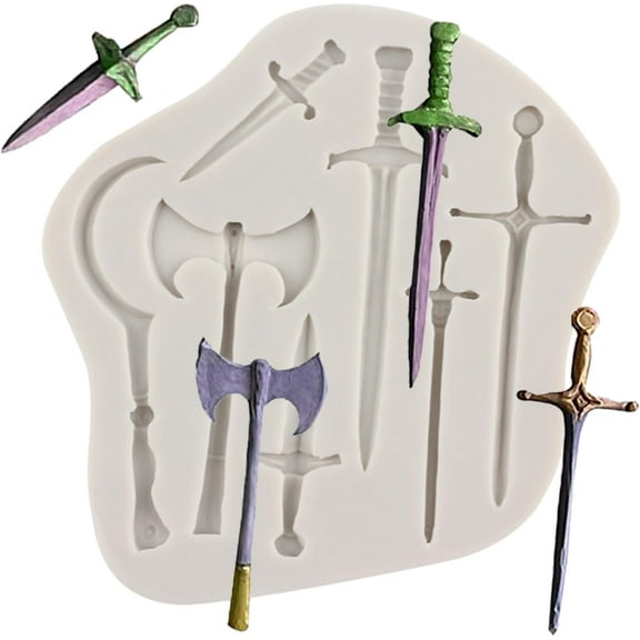 Yoqb Weapons Sword Silicone Mold Axe Knife Fondant Molds For Cake Decorating Cupcake Topper Candy Chocolate Gum Paste Polymer ClayA108