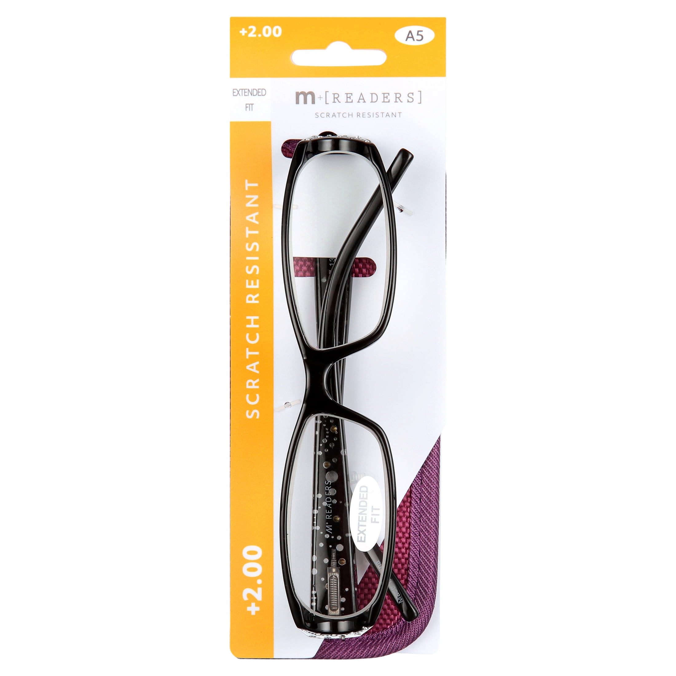 M Readers Eva Black +2.00 Reading Glasses with Case