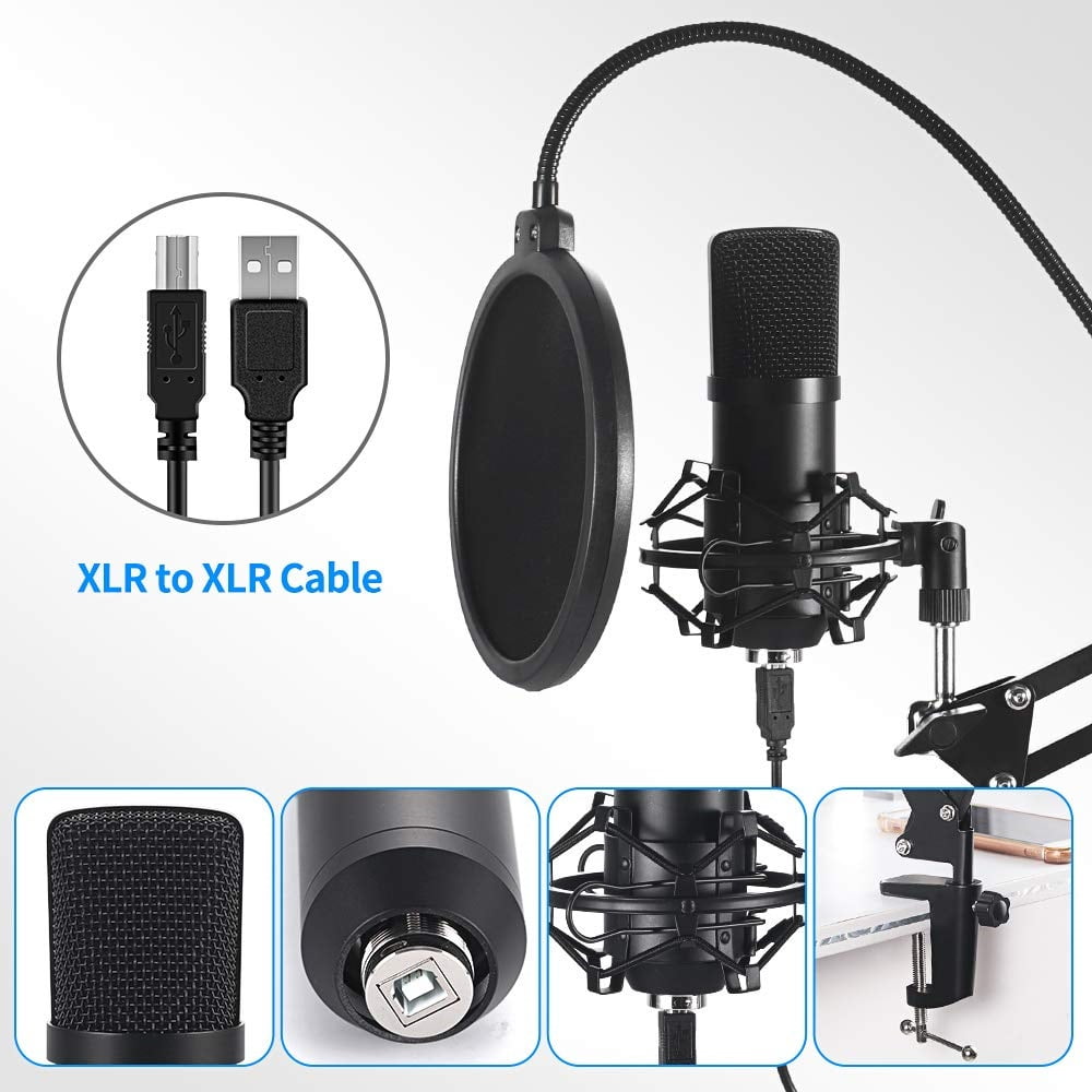 USB Streaming Podcast PC Microphone: Professional Computer Mic 192kHz/24bit Studio Cardioid Condenser Mic Kit with Sound Card Boom Arm Shock Mount Pop Filter,for Skype