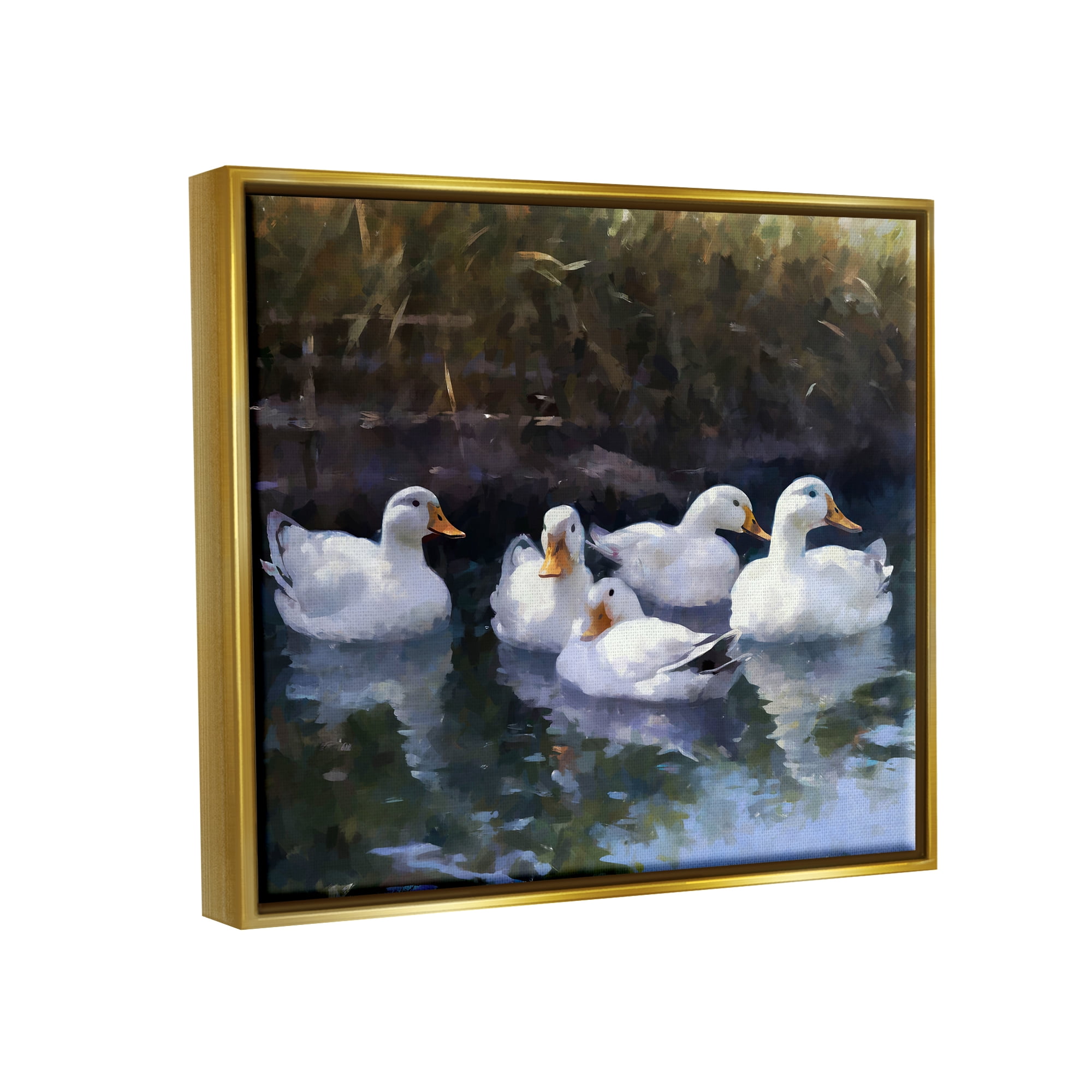 Stupell Industries Five Ducks in Pond Animals & Insects Painting Gold Floater Framed Canvas Art Print Wall Art, 21 x 17