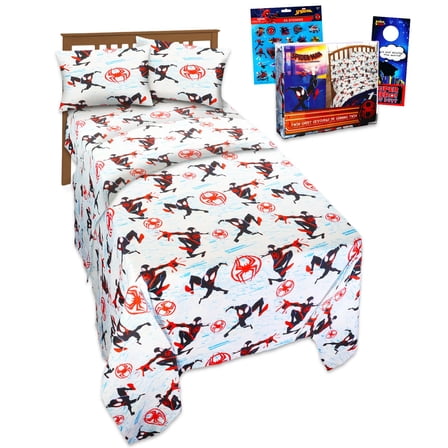 Miles Morales Bedding Set - Spiderverse Bedroom Decor Bundle Includes Miles Morales Pillowcases, Flat & Fitted Sheet | Spiderman Twin Bedding Set