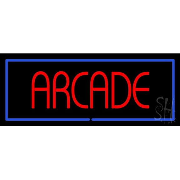 Red Arcade Blue Border LED Neon Sign 13 x 32 - inches, Black Square Cut Acrylic Backing, with Dimmer - Bright and Premium built indoor LED Neon Sign for wall dcor, arcarde, and storefront.