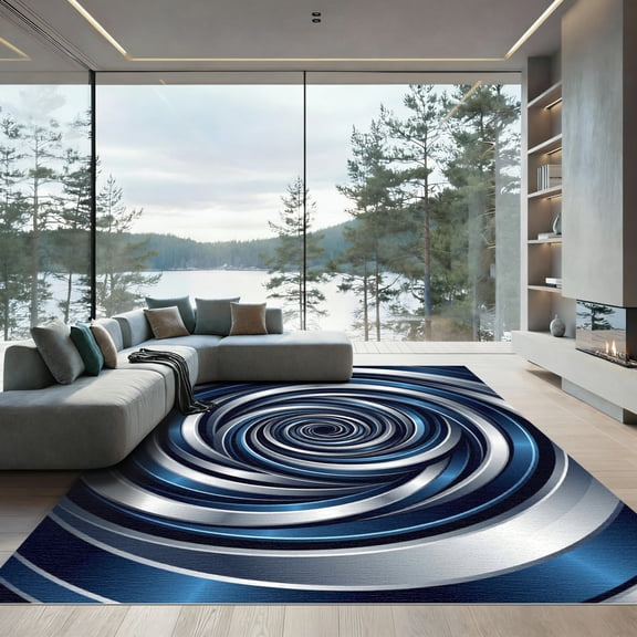 ODIKA 4'x6' Machine Washable Non-Slip Area Rug, Abstract Dark Blue High Traffic Rug, Blue, 1165912