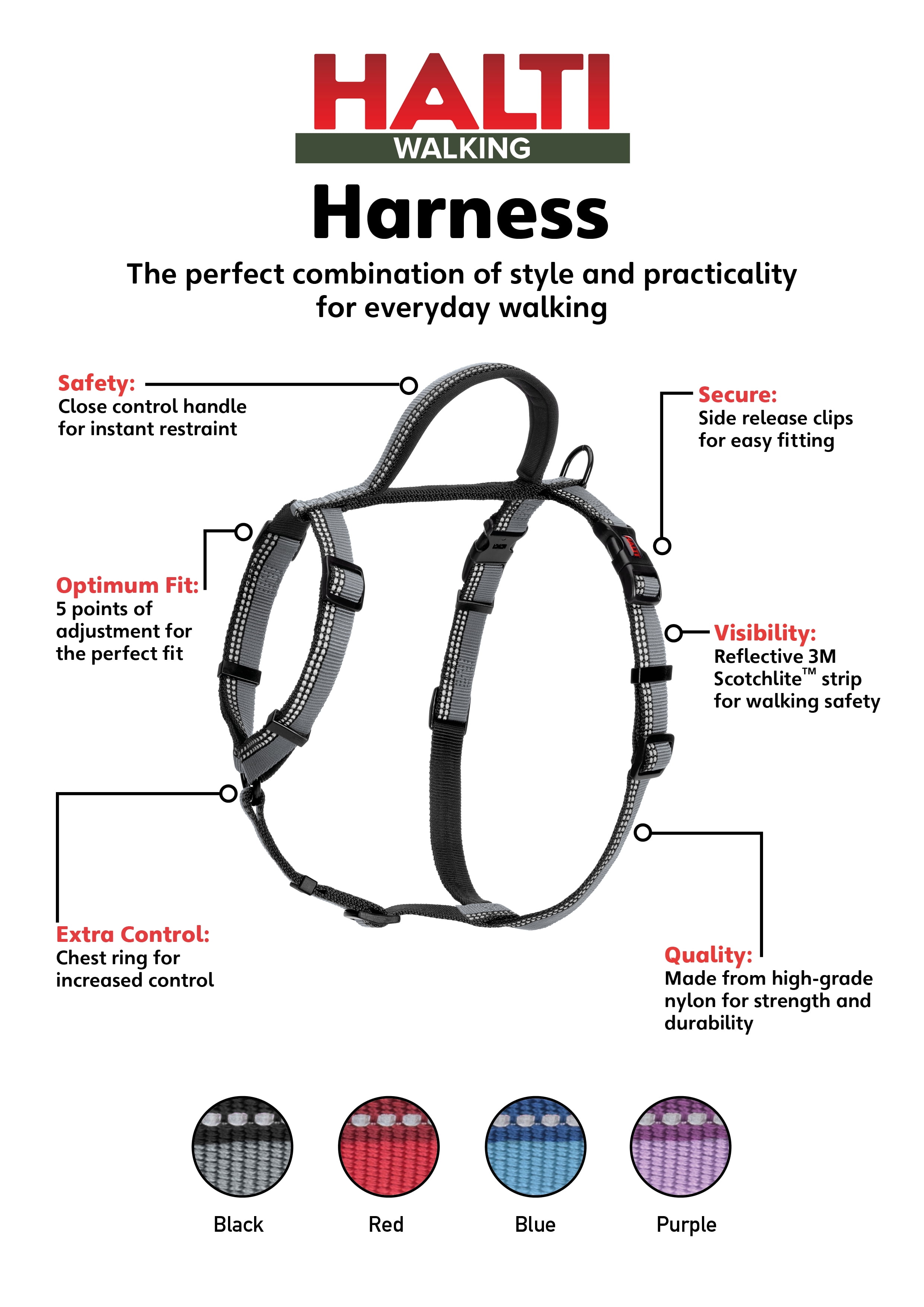 HALTI Nylon Dog Walking Harness, Large, Black/Grey (Chest 26" - 30")
