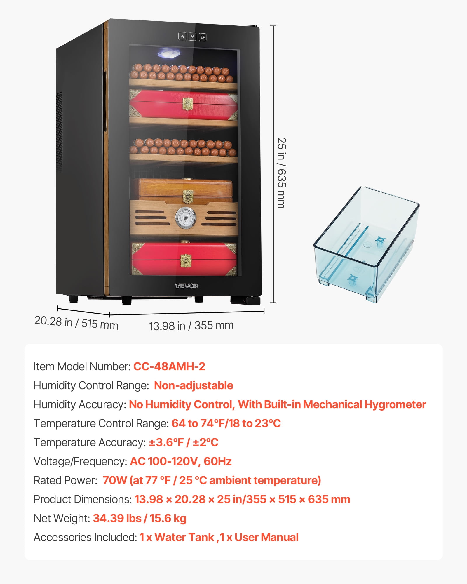 VEVOR Electric Humidor, 48L, 350 Counts Electric Cigar Humidor Cabinet with Cooling Temperature Control, Spanish Cedar Wood Shelves & Drawers, Mechanical Hygrometer, 4 Layers, Cooler for Household