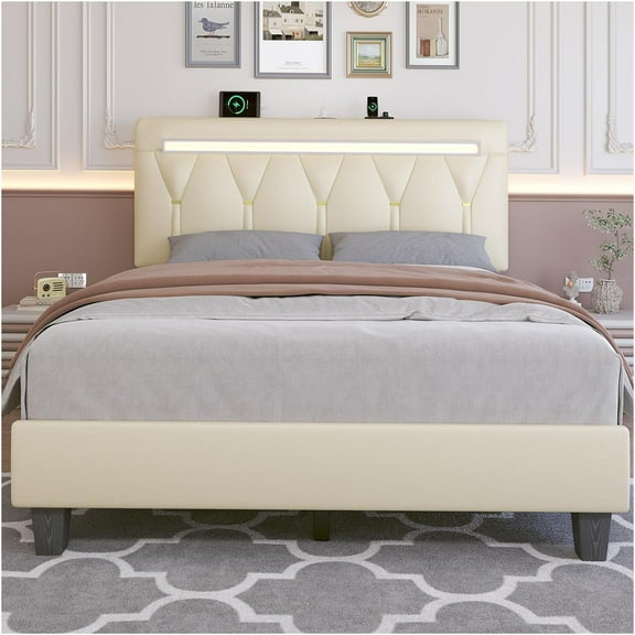 JERFIT Queen Upholstered Bed Frame with LED Headboard & Charging Station, Adjustable Height Platform Base with Wood Slats, No Box Spring Required