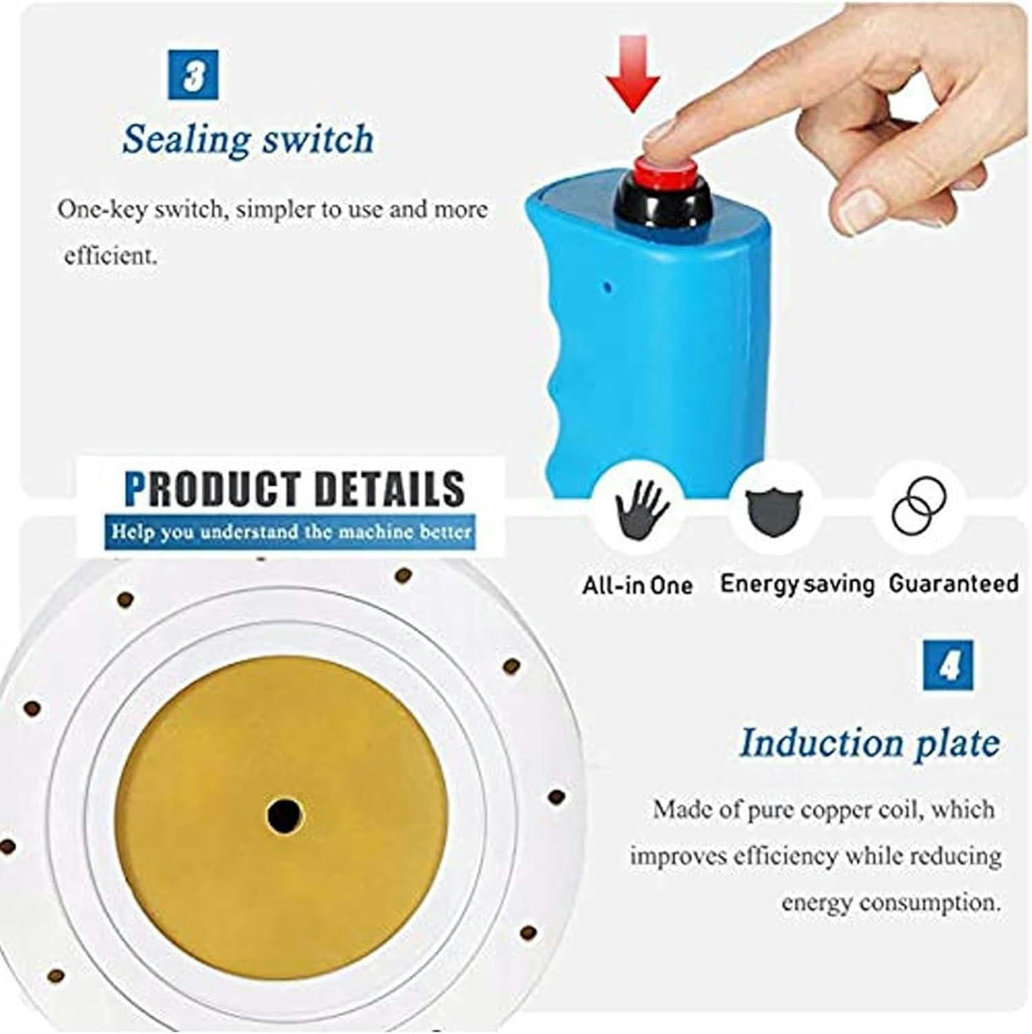 GXCZ Food Saver Vacuum Sealer Machine Hand Held Induction Bottle Sealer 20-100mm, Portable Manual Sealing Machine Aluminum Foil Plastic Capping Machine Sealer Power Adjustable for Plastic Glass Bottles