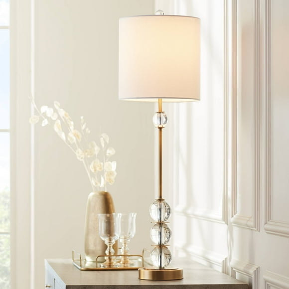 Vienna Full Spectrum Halston Modern Art Deco Style Buffet Table Lamp 32 1/2" Tall Skinny Brass Gold Metal Crystal Ball Accent Off White Fabric Drum Shade Decor for Living Room House Home Dining