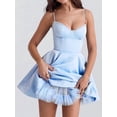 thumbnail image 4 of Women Satin Short Corset Mini Dress Sleeveless Sweetheart Neckline Ruffle Party Dress Summer with Pockets Light Blue XL, 4 of 9