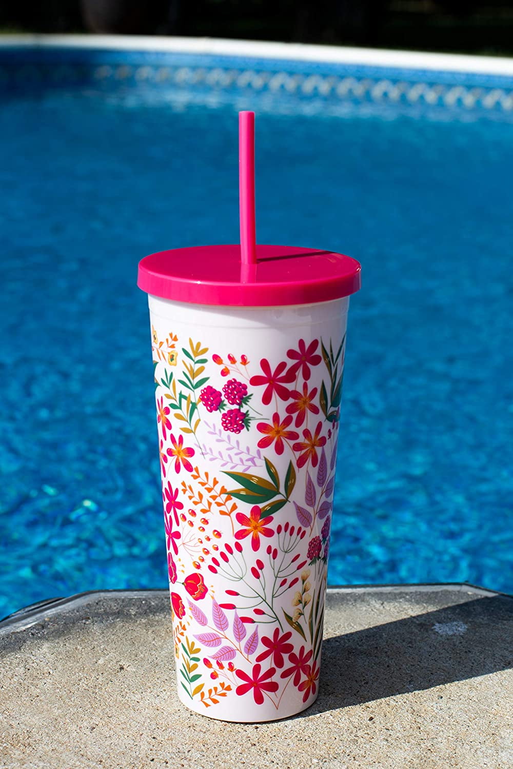 Steel Mill /& Co 24 Ounce Tumbler with Lid and Reusable Straw Floral Double Wall Insulated Travel Cup Pink Rose