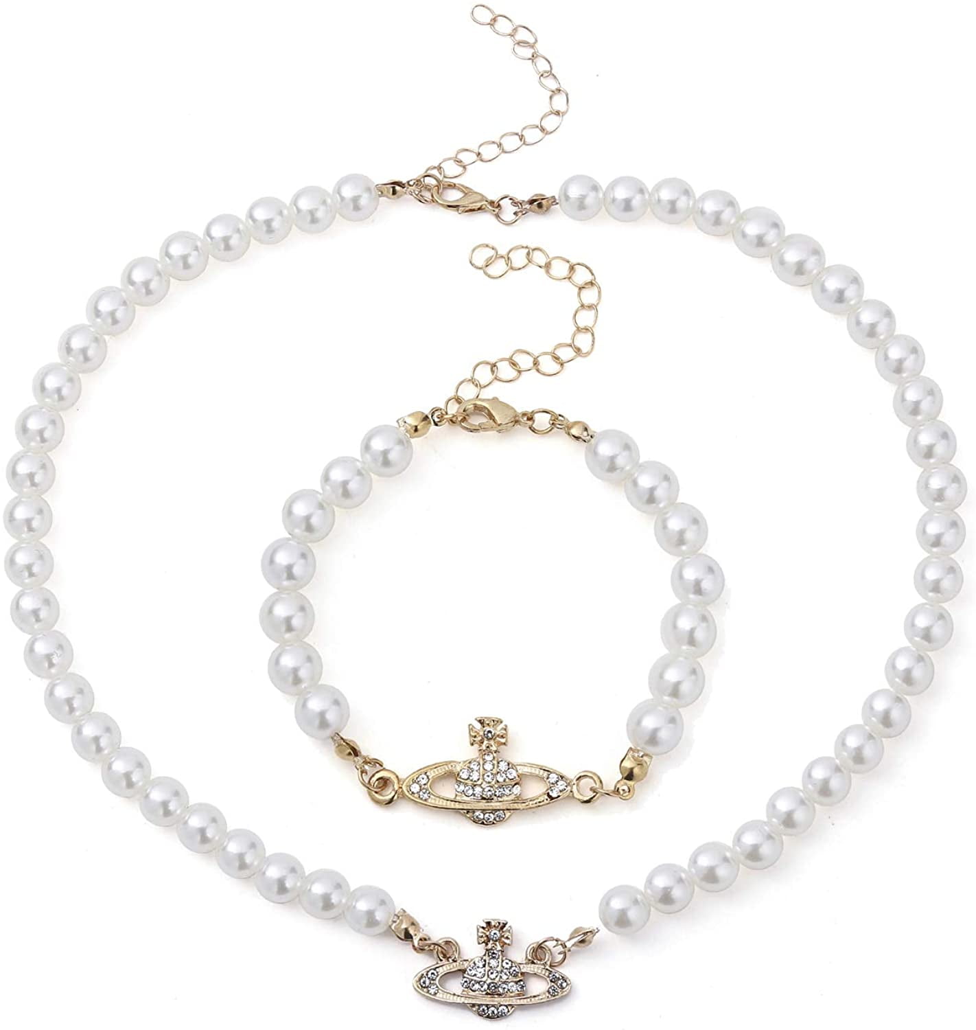 Rhinestone Saturn Faux Pearl Necklace 