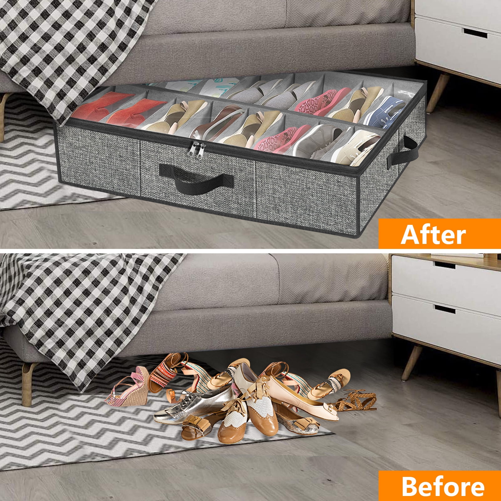 Homyfort Shoe Storage Organizer Under Bed, 2 Pack Fits 32 Pairs, Extra Large Shoe Container, Breathable Fabric Underbed Storage for Sneakers, Slippers, Closet, Grey