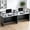 Two-seater black and white, variant on Vakiorn L Shaped Modern Wooden Commercial Reception Desk 71 inch with Counter Shelves Storage Drawers for Office Home Brown Black Left
