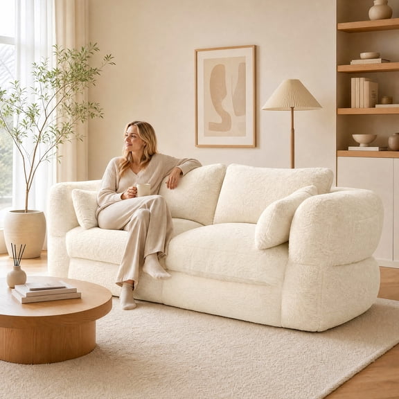 ANPOO 81.3" Boneless Loveseat Sofa Cloud Couch with Deep Seat, Modern Oversized Velvet Compressed Sofa Couch with 4 Pillows & Side Pockets, Upholstered Boneless Couches for Living Room, Beige