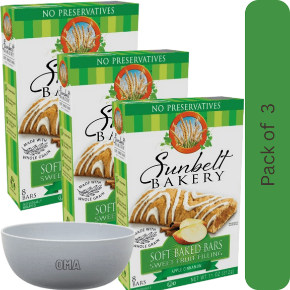 Sunbelt Bakery Soft Baked Bars Apple Cinnamon, 3 Pack (8 Count Each) – with Bowl by OMA