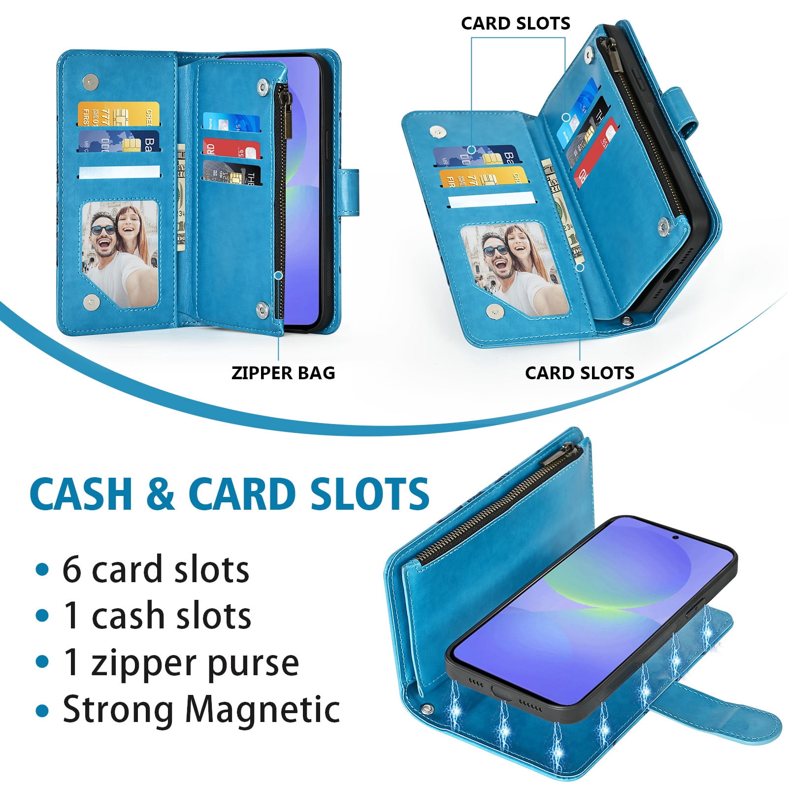 Asuwish Phone Case for Samsung Galaxy A56 5G Zipper Wallet Magnetic Detachable Cell Cover with Tempered Glass Screen Protector Crossbody Strap Flower Card Holder Slot A 56 56A LTE Women Girls Blue