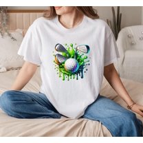 Artistic Golf Ball With Paint Splashes And Colorful Clubs Scene Unisex T-Shirt, up to size 5XL