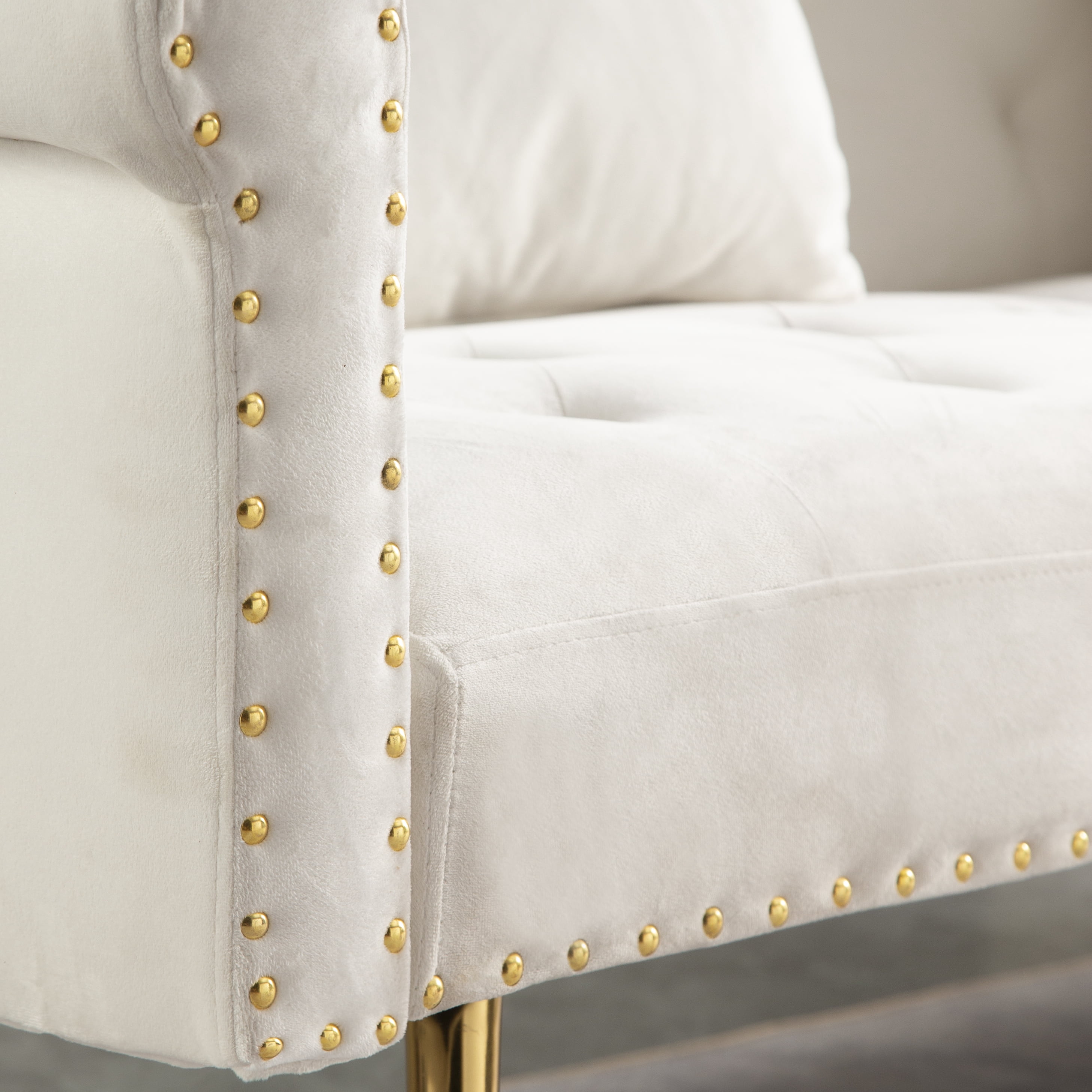 Convertible Futon Sofa Bed,Velvet Upholstered Nailhead Loveseat Sofa with Two Pillows,Modern Sleeper Couch Bed for Living Room,Bedroom,Beige