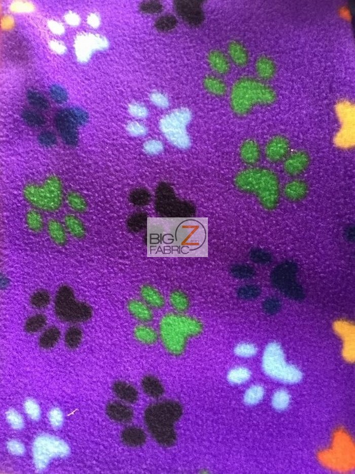Paw Print Polar Fleece Fabric / Purple/Multi Color / Sold By The Yard