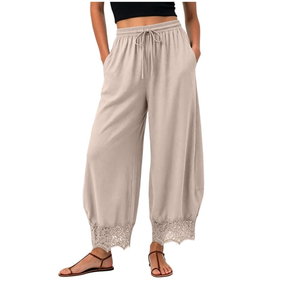 RFQWOVSR Women's High Waist Drawstring Wide Leg Linen Pants with Lace Trim Pockets Casual Summer Trousers S