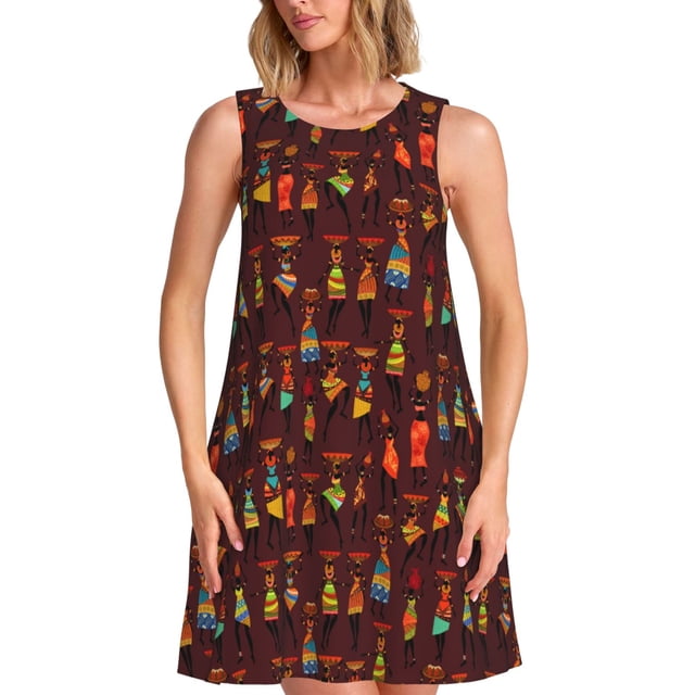 Fotbe Dancing African Women1 Vestido de Verano sin Mangas para Mujer – Vestido Midi Línea A, Estilo Camiseta Floral, Vestido Playero Casual y Fluido